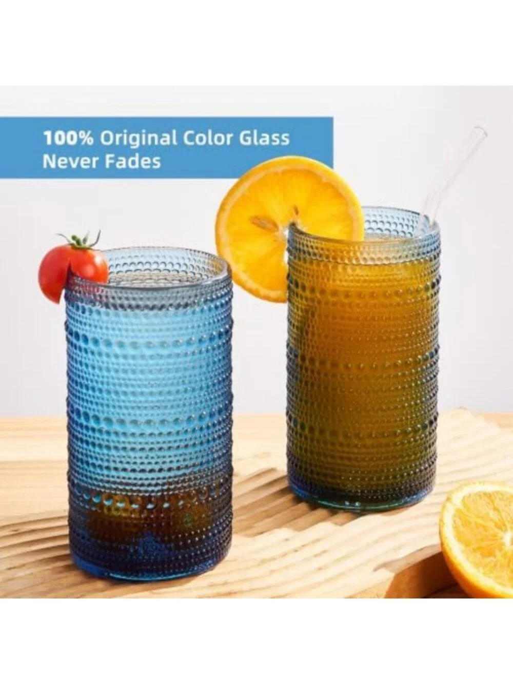 Set of 6 Blue Hobnail Tumblers - 16oz Vintage Drinking Glasses for Home Bar